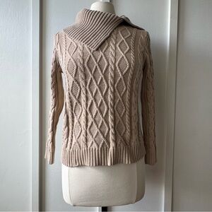 Jeanne Pierre Cable Knit Cotton Sweater‎ Women’s Medium Tan Collared Pullover